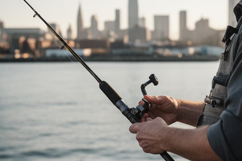 Angler holding an adaptive fishing rod with an extended handle beside a calm New York waterfront