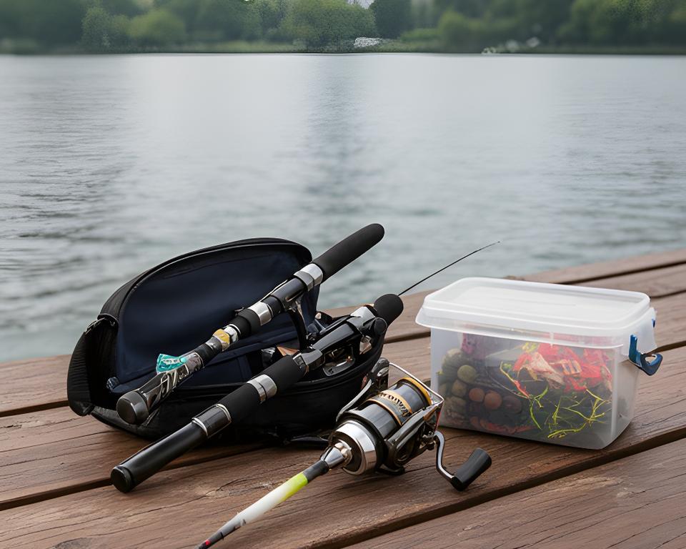 Small tackle kit, compact spinning rod, and bait bucket arranged on a wooden table beside a city reservoir