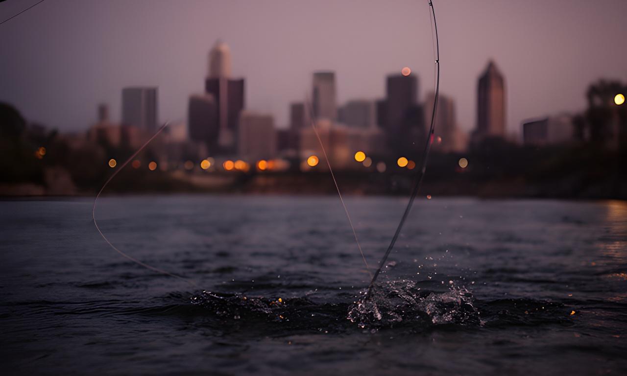 Fly line unfurling over a river with the New York City skyline in the distance at dusk