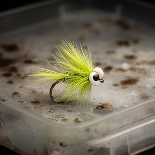 Chartreuse Clouser Minnow fly with dumbbell eyes photographed against a salt-stained tying tray