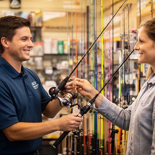 Adaptive gear specialist Diana showing a comfortable rod setup to a customer in the Brooklyn shop