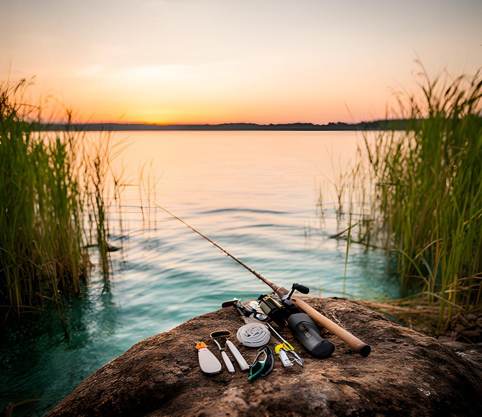 Clean shoreline at sunrise with fishing gear laid out on a rock and calm water beside reeds
