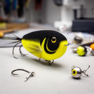 Foam bass popper fly in black and yellow resting on a fly-tying bench near popper heads and hooks