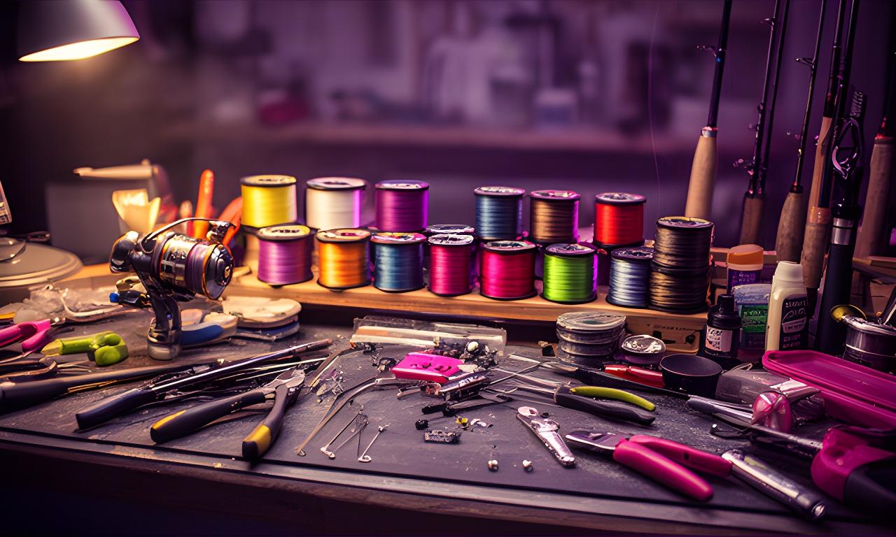 Fishing tackle repair bench with colourful line spools, guide tools, and a softly lit workspace in New York