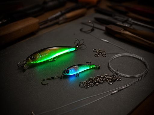 Glow jig bait arranged on a dark table beside split rings and leader line in a workshop setting
