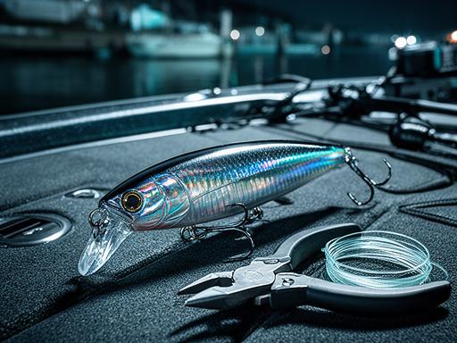 Topwater lure with reflective finish placed on a boat deck beside compact pliers and fluorocarbon line