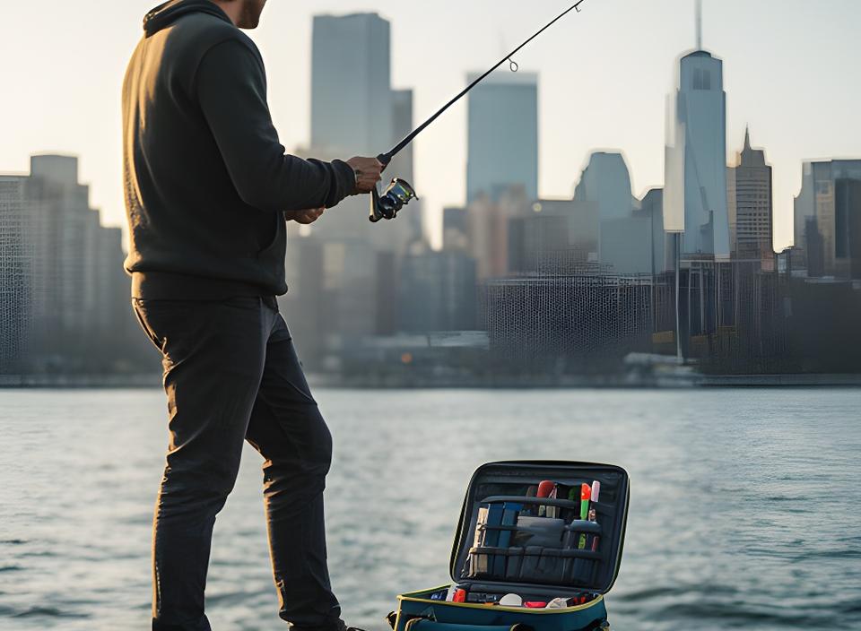 Visitor fishing in Queens with a skyline view and a compact tackle bag nearby