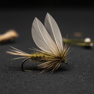 Parachute dry fly with pale wings and olive body shown in close-up on a dark tying mat