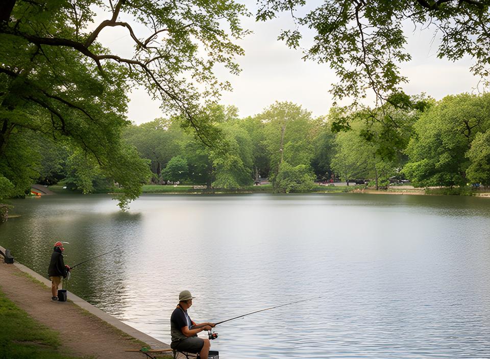 Angler fishing beside Prospect Park Lake with trees and calm water in Brooklyn