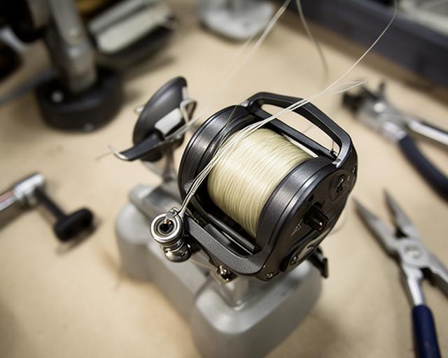 Shop staff demonstrating fishing line spooling on a maintenance bench with tools and a reel in close-up