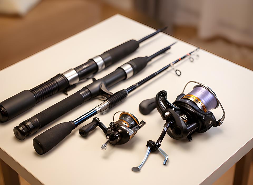 Telescopic fishing rod and compact reel arranged neatly on a small apartment table