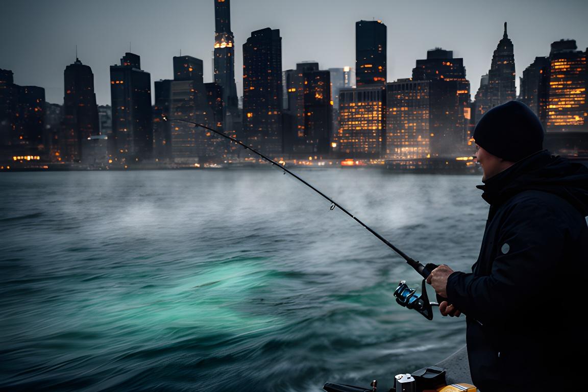 Tourist fishing with a pre-rigged rod near the Manhattan skyline on a breezy evening