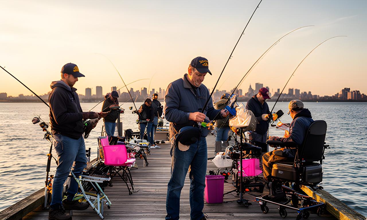 Veterans and volunteers fishing together on a New York waterfront during a guided therapy outing with adaptive gear on the dock